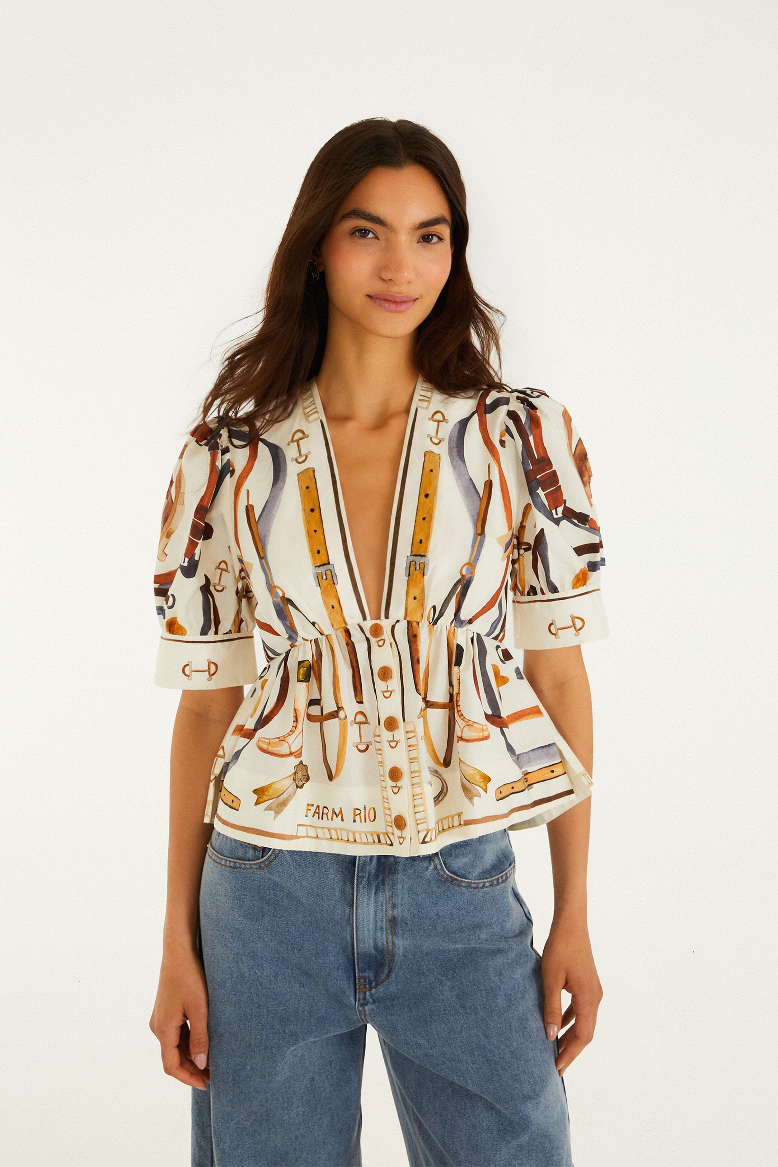 Off-White Equestrian Scarf Short Puff Sleeve Blouse | FARM Rio | FarmRio (US)