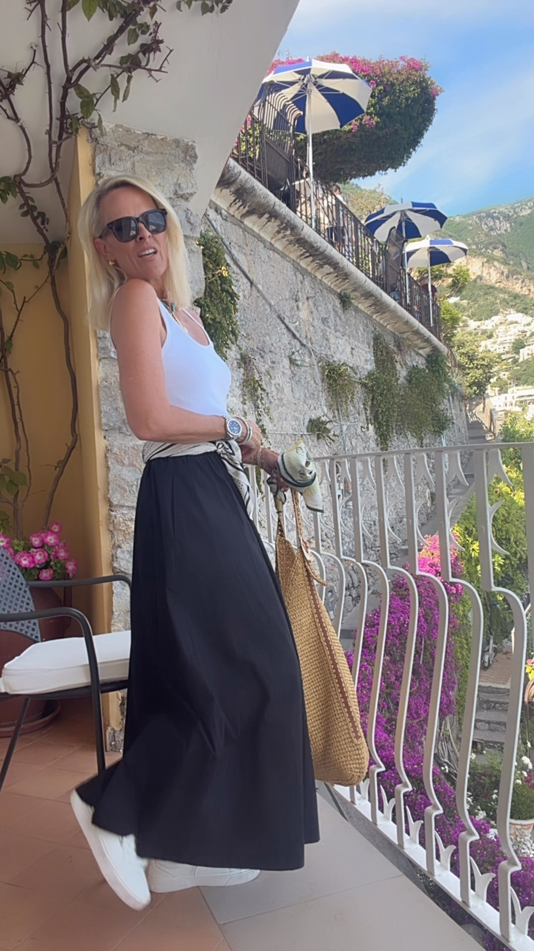 Boating to island of Capri to explore 

Skirt - exact one sold out but will link similar 
Tank - halter. So good! Strapless bra with it 
Sneakers - amazingly comfortable for lots of walking