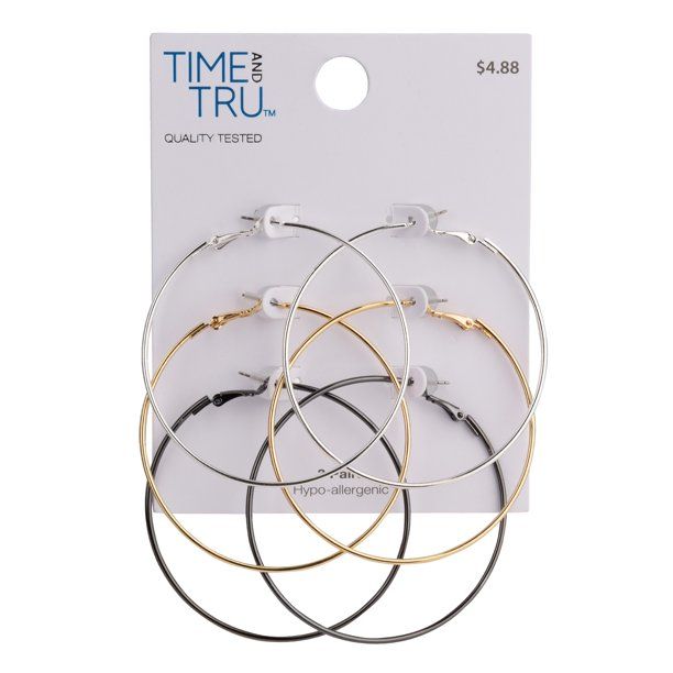 Time and Tru Female 3-On Multi Plate Hoop Earring Set - Walmart.com | Walmart (US)