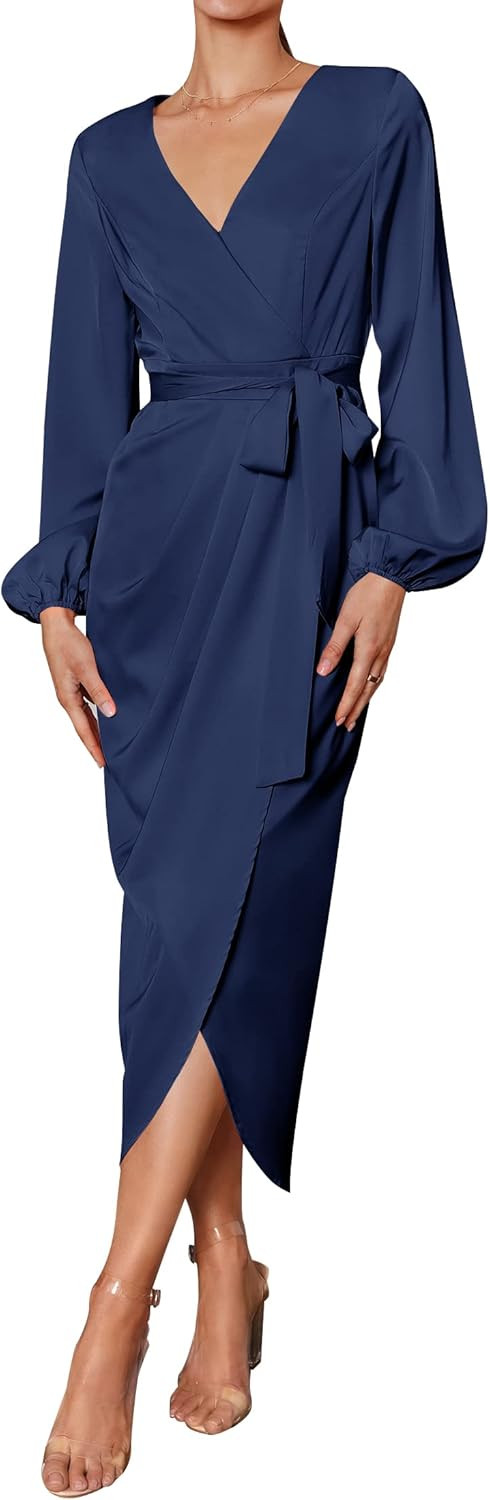 ZESICA Women's Satin V Neck Bodycon Dress Long Sleeve Ruched Tie Waist Wrap Split Cocktail Party ... | Amazon (US)