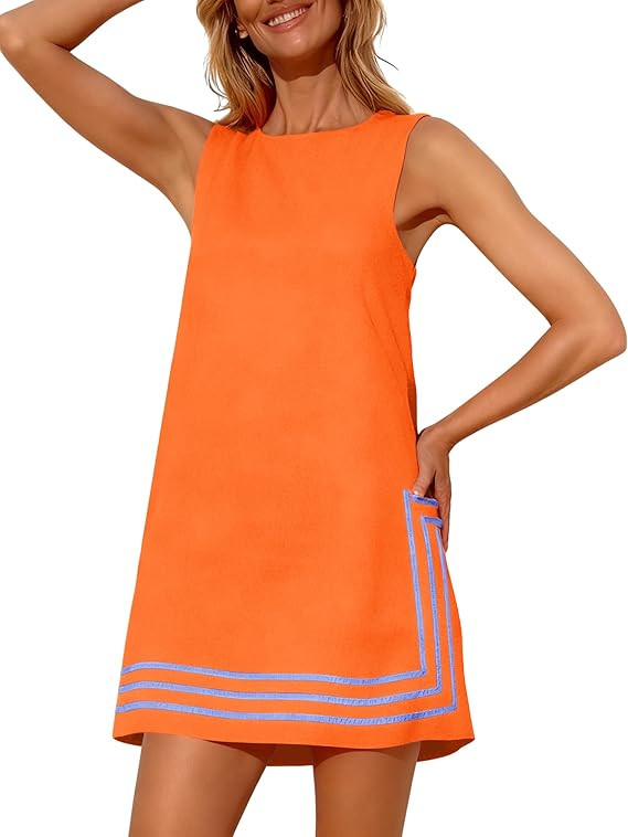 Womens Summer Boho A-Line Mini Dress Sleeveless Sundress Color Block Beach Coverups | Amazon (US)