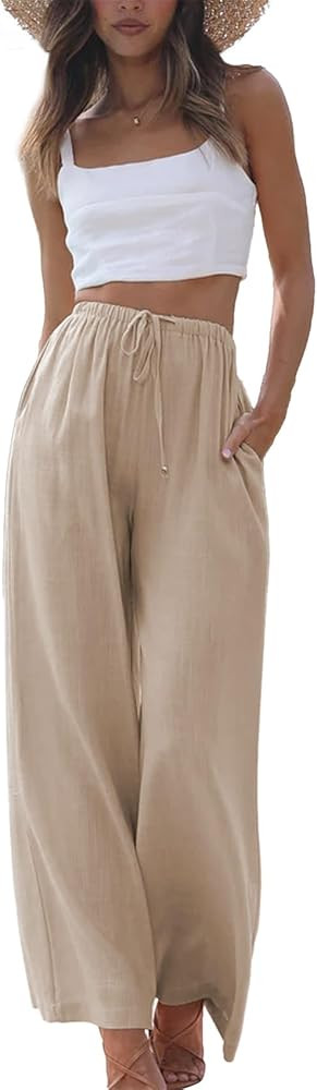 Duyang Womens Cotton Linen Palazzo Pants Drawstring Elastic Waist Casual Wide Leg Trousers with P... | Amazon (US)