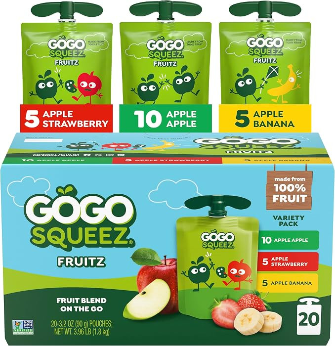 GoGo squeeZ No Sugar Added Applesauce and Fruit Puree Variety Pack, Apple, Banana & Strawberry, 3... | Amazon (US)