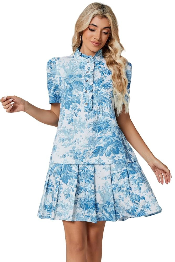 Women Floral Mini Dress Short Sleeve Stand Collar Button Up Elegant Work Swing Short Pleated Dres... | Amazon (US)
