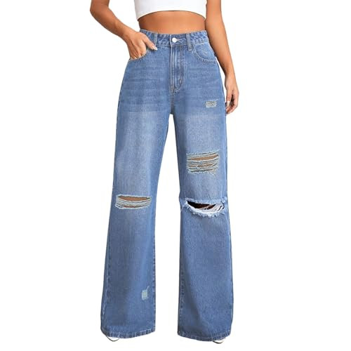 DLAYBGFA Distressed Wide Leg Jeans for Women High Waisted Loose Ripped Boyfriend Jeans Y2K Stretch Denim Jean Pants(Light Blue,XXL) | Amazon (US)