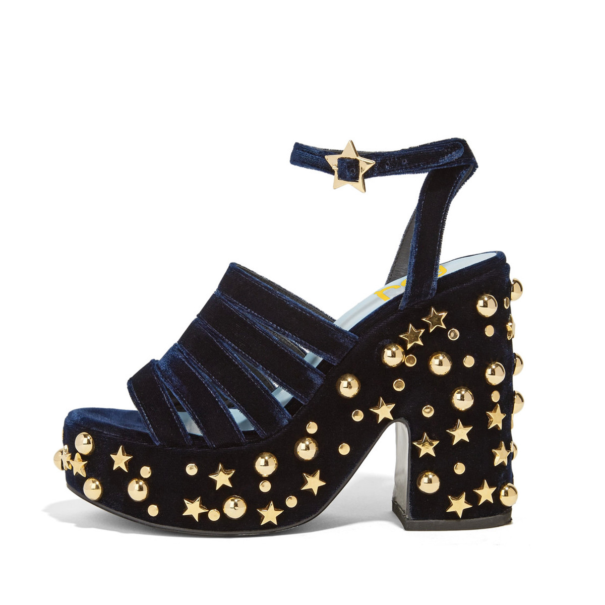 Navy Blue Heels Stars Gold Studs Velvet Platform High Heel Sandals | FSJshoes