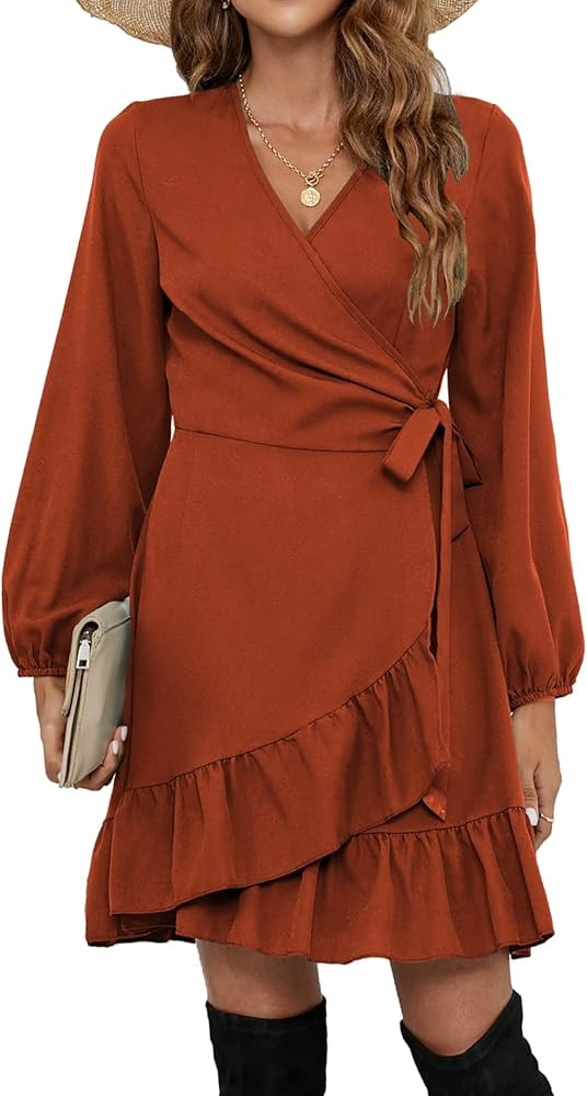 Naggoo Womens Long Sleeve Dresses Wrap V Neck Ruffle Mini Short Dress with Belt | Amazon (US)