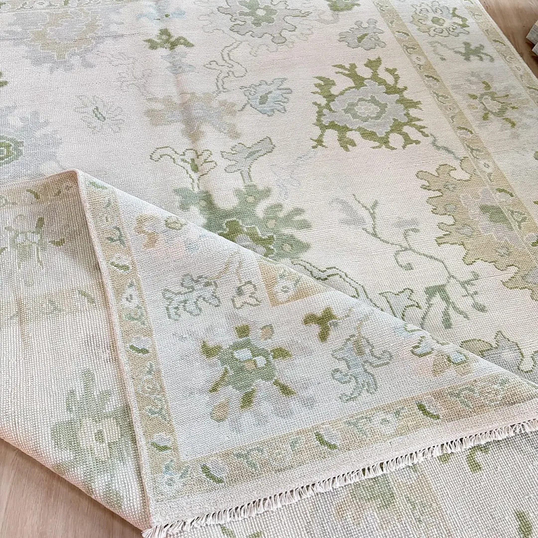 Cream Oushak Rug Hand Knotted Turkish Wool Carpet Sage Green Rug Vintage Distressed Muted Traditi... | Etsy (US)