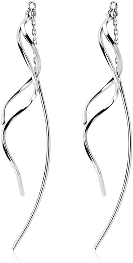 SLUYNZ Sterling Silver Curve Dangle Earrings for Women Teens Wave Dangle Earrings Threader Tassel | Amazon (US)