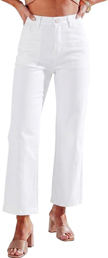 Astylish Women's Trendy Straight Leg Stretchy Jeans Mid High Waisted Cropped Jeans Wide Leg Denim... | Amazon (US)