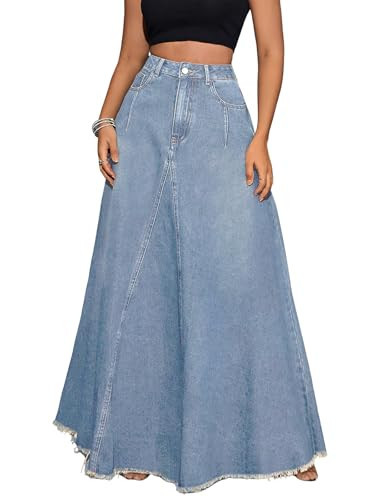 ebossy Women's Retro Distressed High Waist Frayed Hem A Line Wash Maxi Long Denim Skirt with Pock... | Amazon (US)