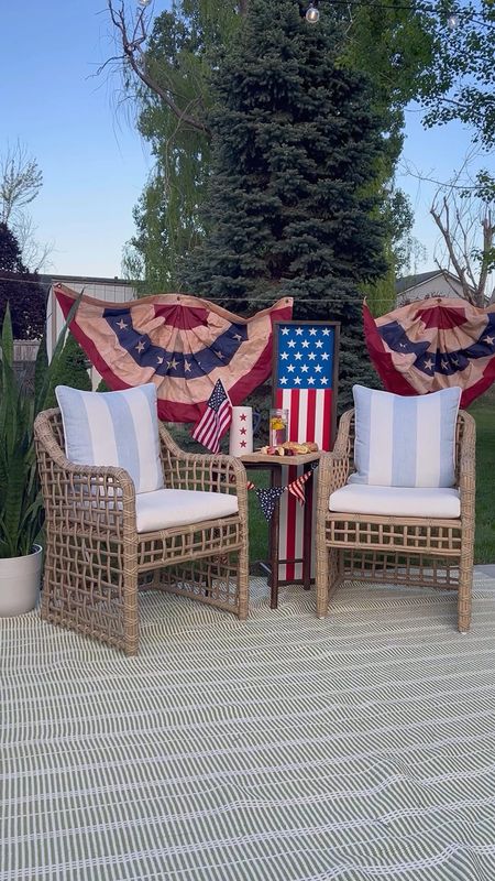 Beautiful outdoor furniture living space. Patio space. Outdoor dining chairs, outdoor woven rug, outdoor blue and white striped pillows. Memorial Day sale at Annie Selke. Interior design coastal living grand millennial decor style  

#LTKVideo #LTKHome #LTKSaleAlert