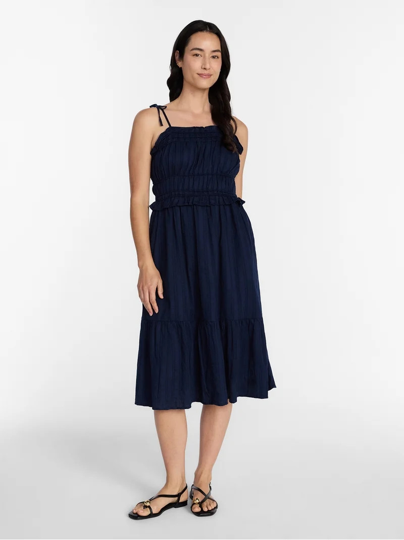 Time and Tru Women's Sleeveless Cotton Midi Dress with Piped Trim, Sizes XS-XXXL | Walmart (US)