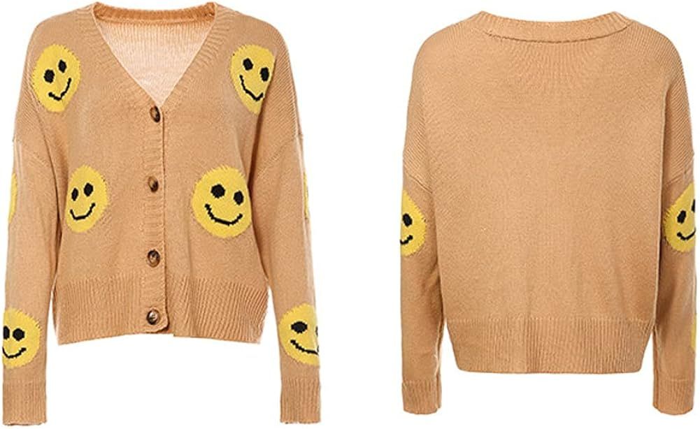 chouyatou Women's Loose-Fit Smile Face Jacquard Knitted Cardigan Sweater Jacket | Amazon (US)