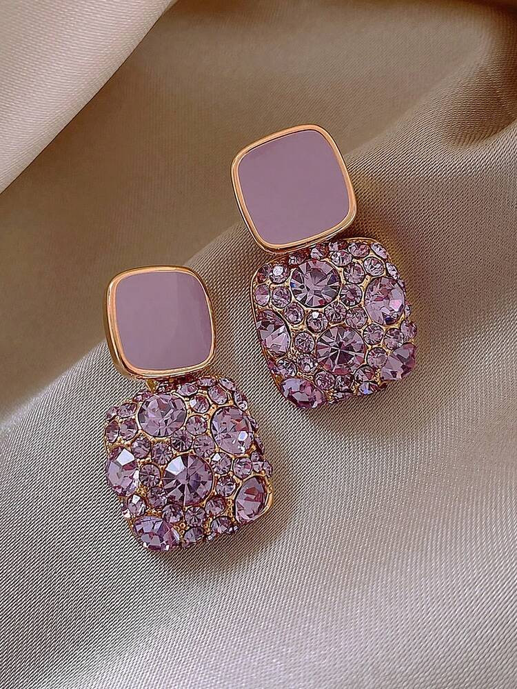 1/2 Pairs Of Purple Retro Square Full Diamond Oil Drop Earrings Fashionable And Personalized Women's Earrings, Suitable For Parties, Banquets, Birthdays, Anniversaries, Weddings | SHEIN