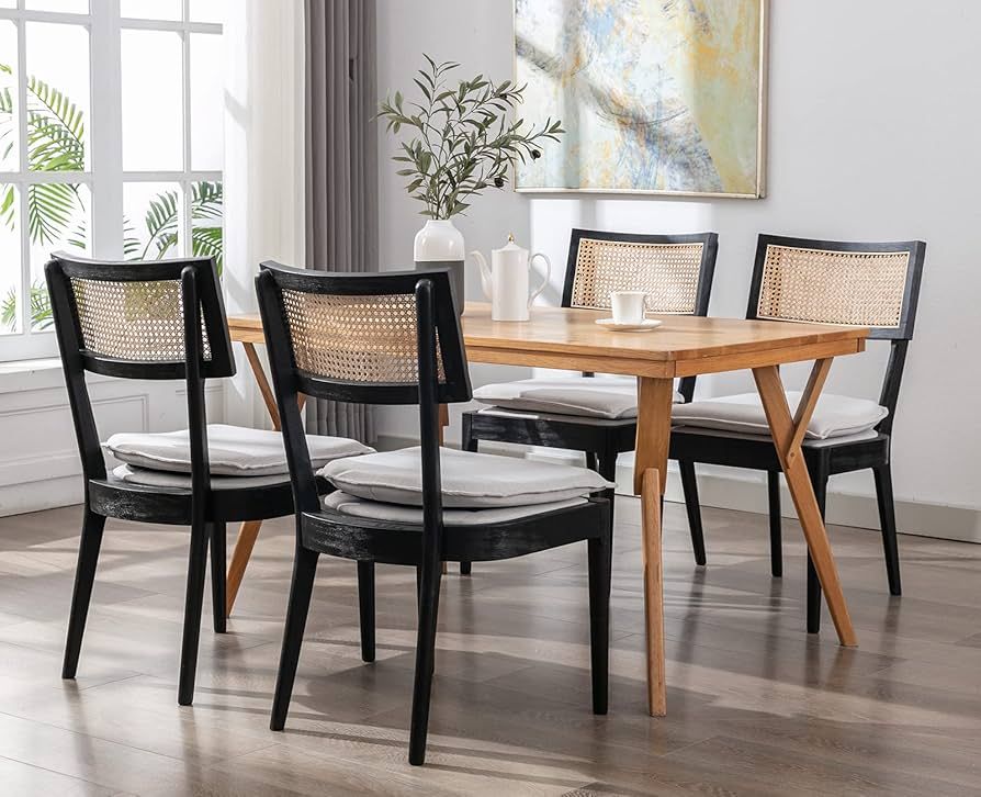 ZSARTS Black Rattan Dining Chairs Set of 4, French Country Dining Room Chairs with Detachable Cus... | Amazon (US)