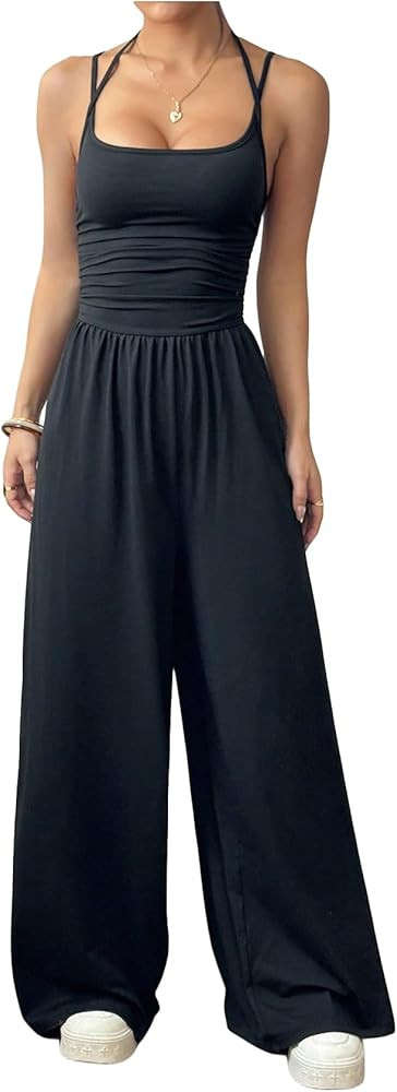 Floerns Women's Summer Jumpsuit Spaghetti Strap One Piece Outfit Wide Leg Baggy Pants Romper | Amazon (US)