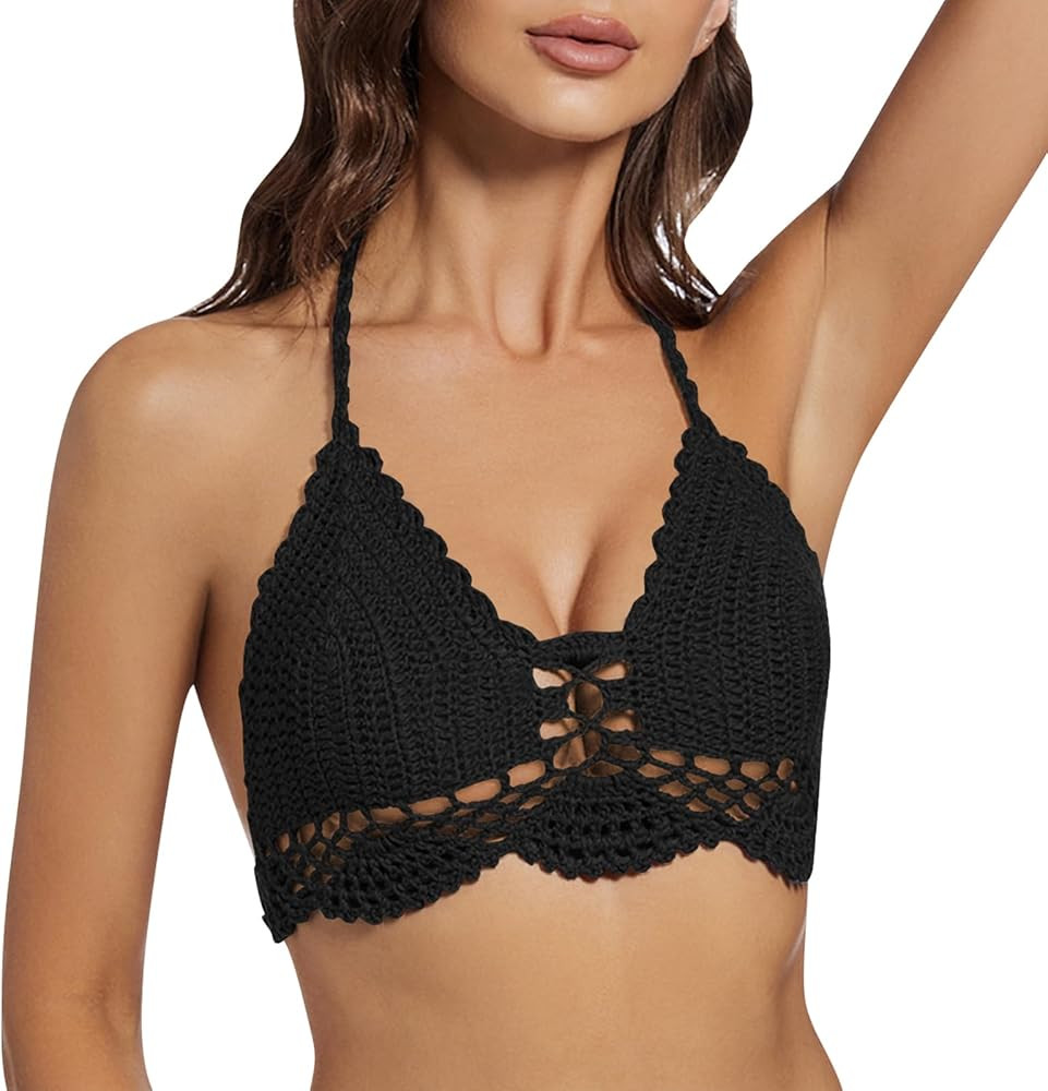 Women Crochet Bikini Halter Bralette Backless Camisole Knit Bra Tops Summer Beachwear | Amazon (US)