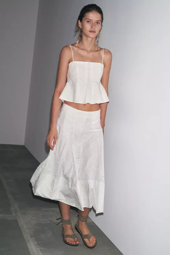 ZARA WOMAN COLLECTIONCropped top with a straight neckline and thin straps. Features tonal eyelet ... | Zara Canada