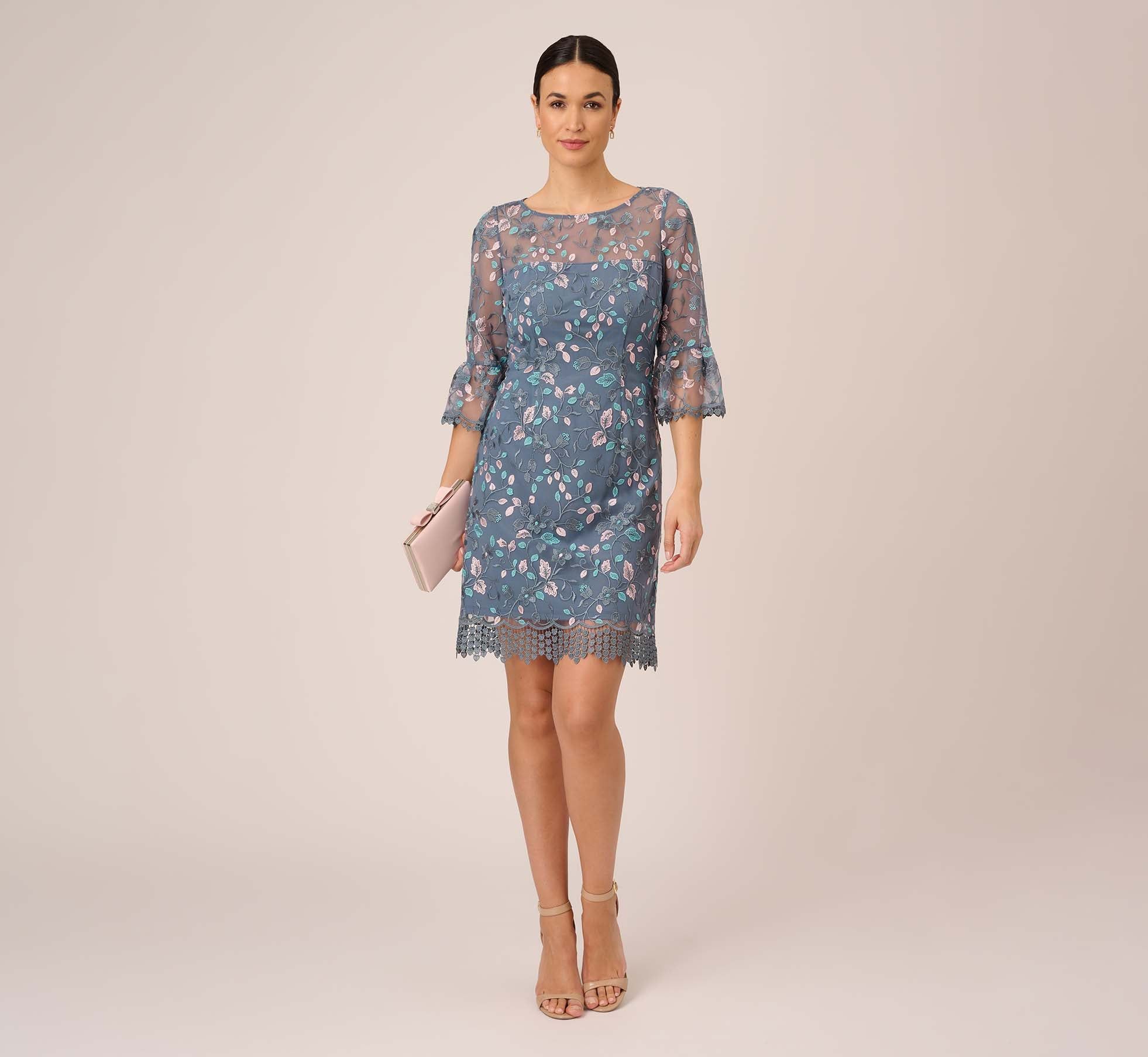 Floral Embroidered Short A-Line Dress With Cutout Back In Dusty Aqua | Adrianna Papell
