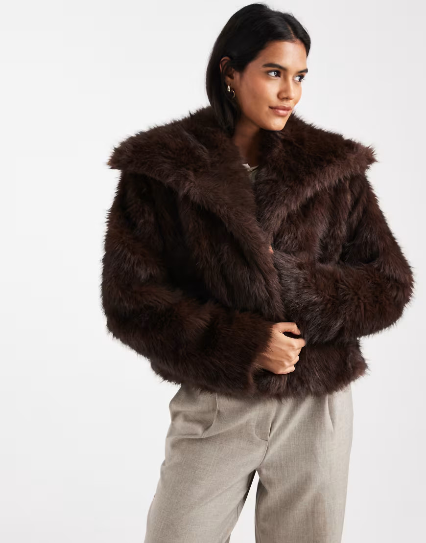 ONLY faux fur oversized collar jacket in chocolate-Brown | ASOS (Global)