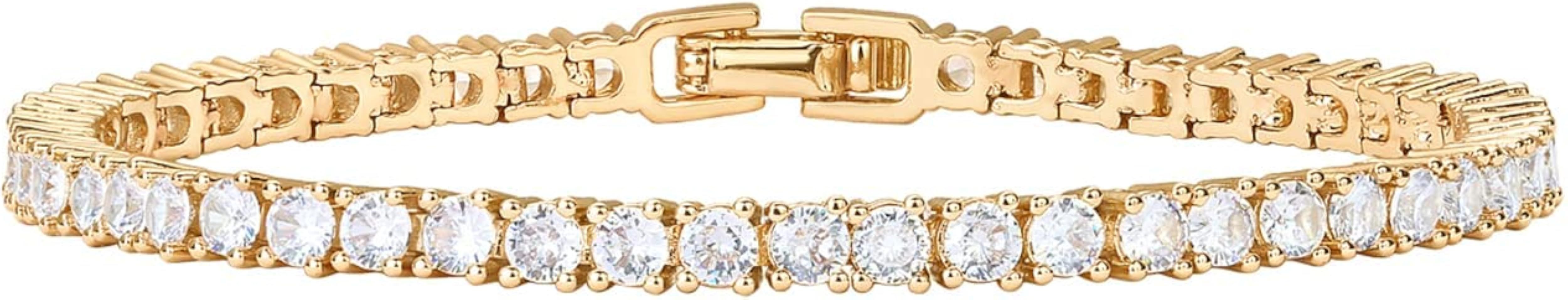 14K Gold Plated 3mm Cubic Zirconia Classic Tennis Bracelet | Gold Bracelets for Women | Size 6.5-... | Amazon (US)