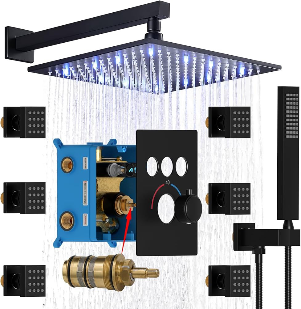 Thermostatic Shower Jets System (Run All Features At Once), 12 Inch LED Rain Shower Wall Mounted ... | Amazon (US)