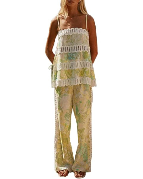 THLAI Womens 2 Piece Outfits Printed Linen Sexy Sleeveless Camisole Pants Set Outfits For Going O... | Amazon (US)