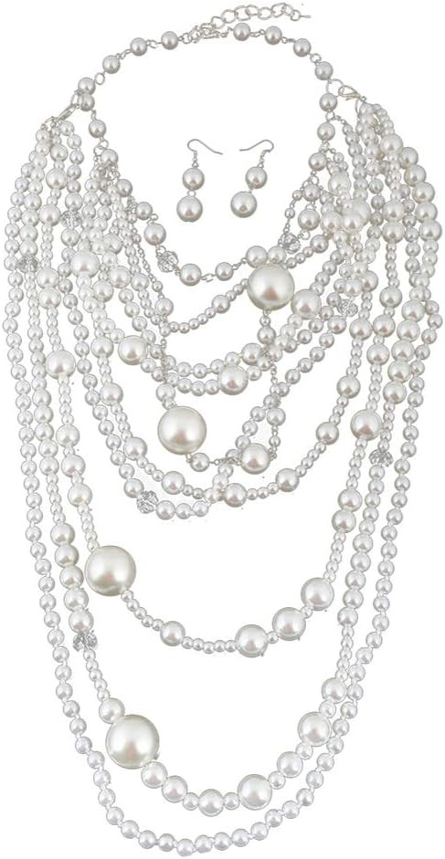 Gatsby 1920s Multilayer Faux Pearl Necklace Long Sweater Chain Necklace Earrings for Women Vintag... | Amazon (US)