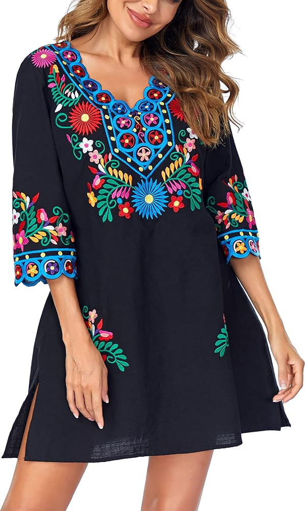 YZXDORWJ Women Embroidered Mexican V Neck Floral Dress Long Sleeve Floral Traditional Bohemian Dr... | Amazon (US)