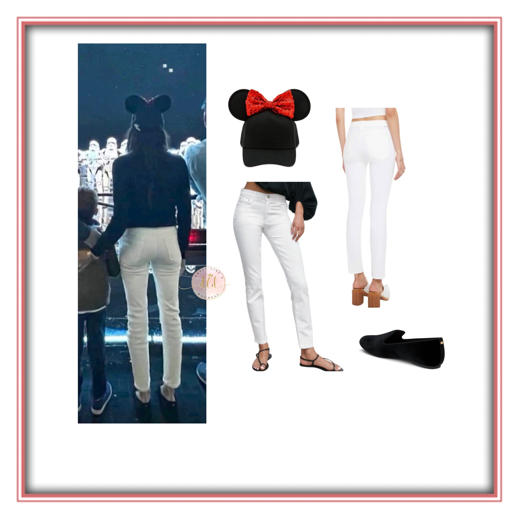6/6/25 Meghan Markle at Disneyland wearing what’s believed to possibly be AYR The Stir jeans or Mother Denim Mid Rise Dazzler jeans + Birdies starling slippers and Mickey Mouse sequin baseball cap 