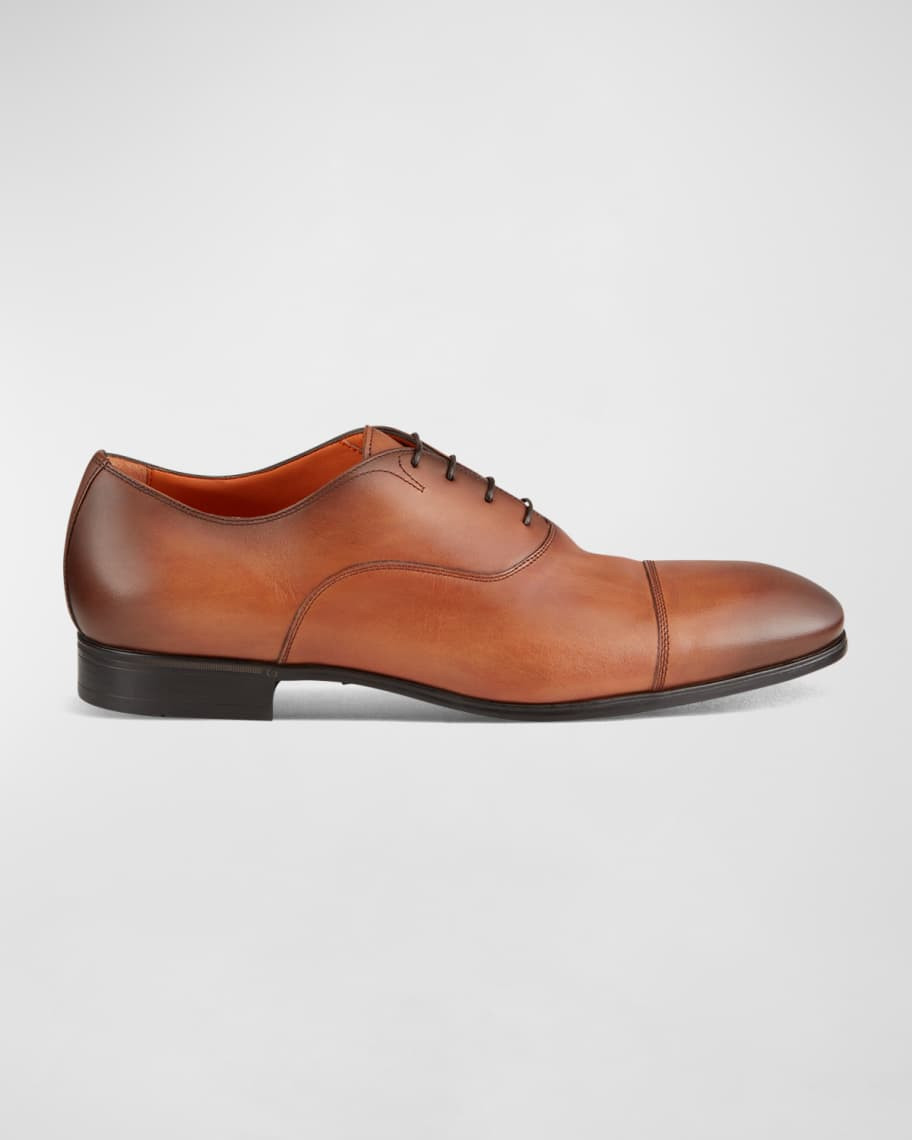 Santoni Men's Burnished Leather Cap-Toe Lace-Up Shoes | Neiman Marcus