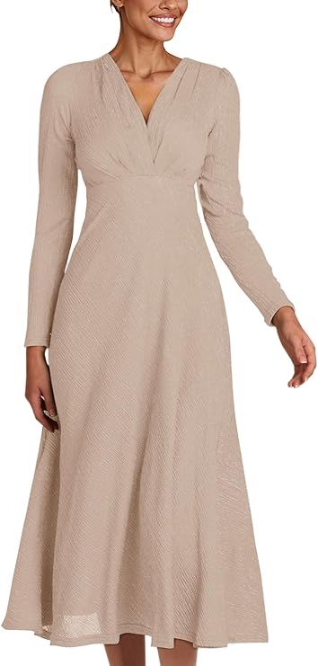 PRETTYGARDEN Women's 2024 Fall Midi Dress Casual Long Sleeve V Neck Cocktail Party A Line Flowy D... | Amazon (US)