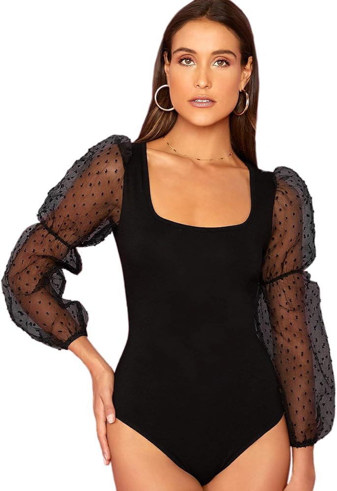 WDIRARA Women's Polka Dots Sheer Dobby Mesh Square Neck Long Sleeve Skinny Bodysuit | Amazon (US)