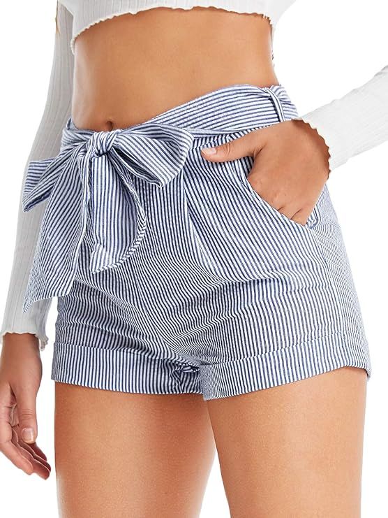 SweatyRocks Women's Casual Elastic Waist Striped Summer Beach Shorts | Amazon (US)
