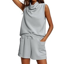 Womens Two Piece Outfits Tracksuit Mock Neck Sleeveless Sweatshirt Tank and High Waist Drawstring... | Amazon (US)