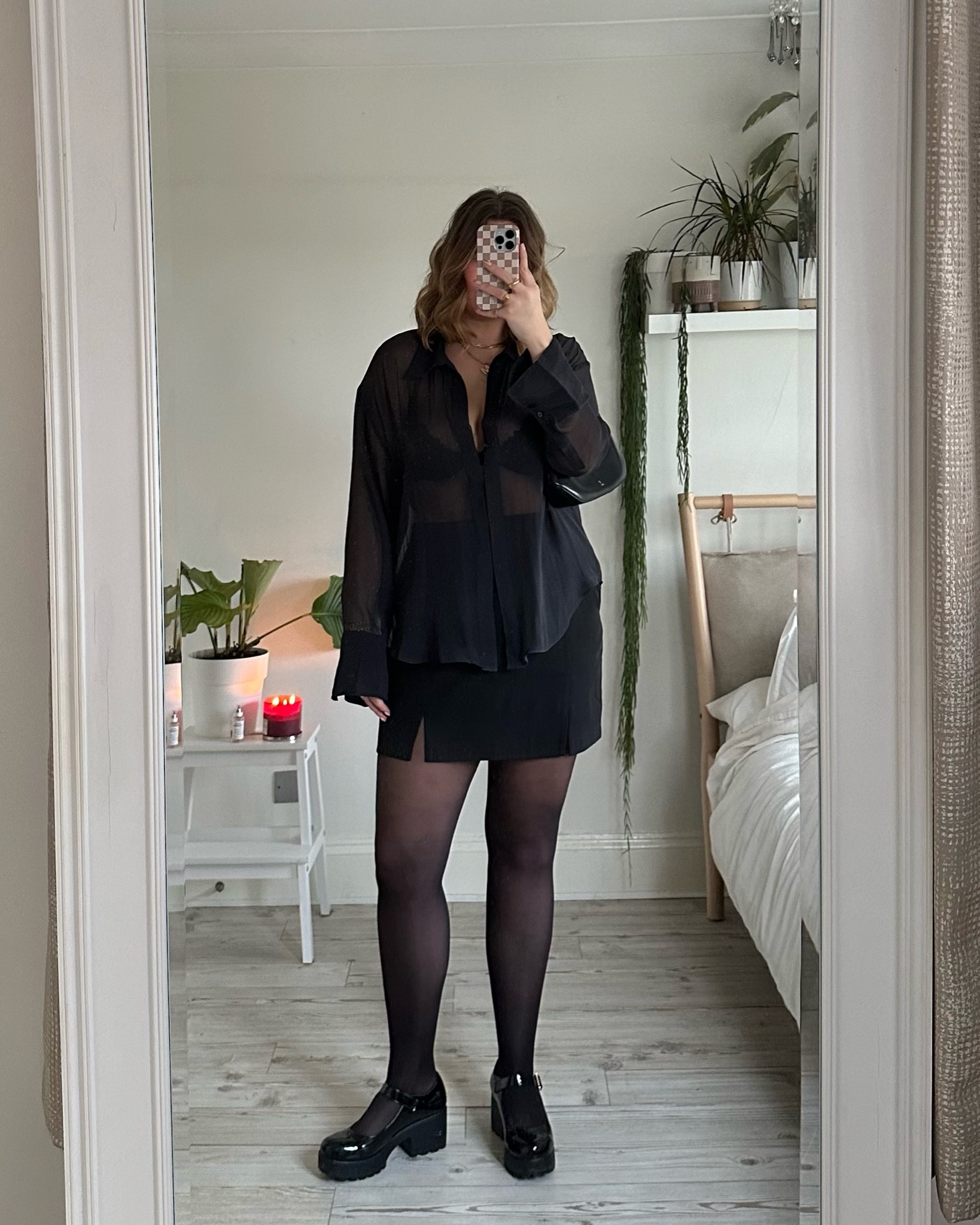 Simple mini skirt outfit featuring a double split black mini skirt, sheer black shirt, Mary Jane shoes and black sheer tights. 

#LTKparties #LTKmidsize #LTKfindsunder50
