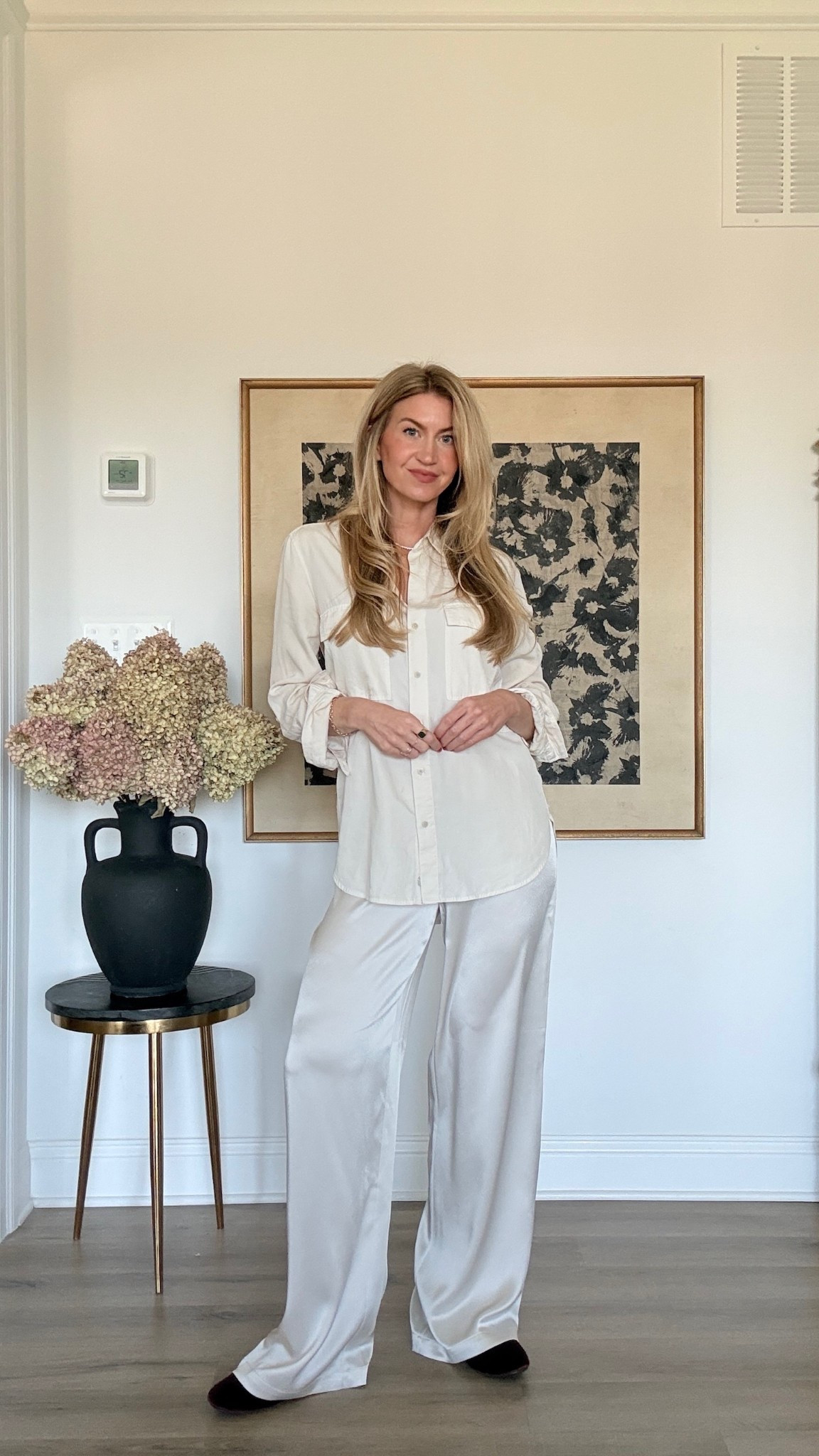 The perfect comfort but elevated look! 
Button up: runs slightly oversized, wearing size small. 
Pants: run TTS, wearing size small.
Shoes: run TTS. 

#LTKSeasonal #LTKgrwm #LTKootd