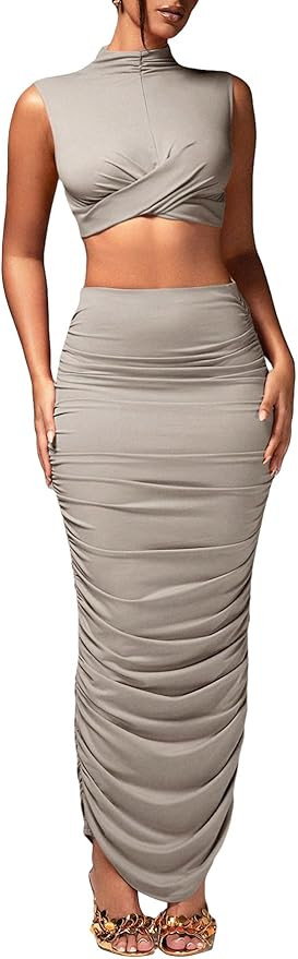 Women's Sexy 2 Piece Outfits Solid Mock Neck Criss Cross Crop Top Tank Top and Ruched Maxi Skirt ... | Amazon (US)