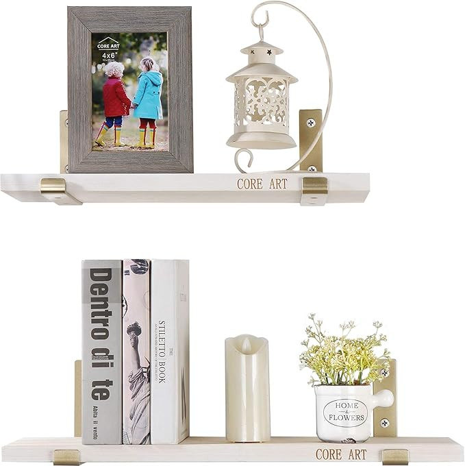 CORE ART Floating Shelves Wall Mounted, Wood Shelf of Simple Style for 2 Pack, Golden Metal Brack... | Amazon (US)