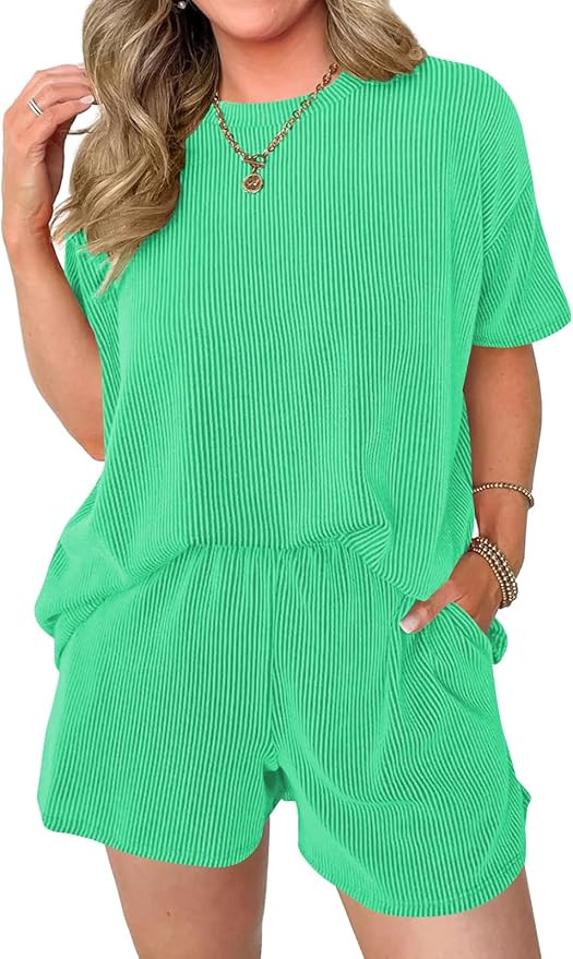 miduo Womens 2 Piece Sets Ribbed Textured Knit Casual Short Sleeve Shirts Shorts Two Piece Lounge... | Amazon (US)