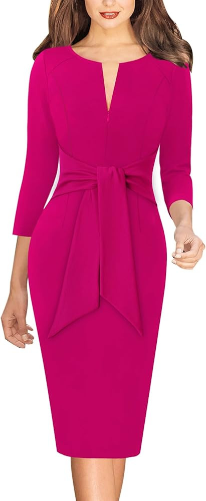 VFSHOW Womens Front Zipper Tie Waist Bow Slim Work Business Office Party Bodycon Pencil Sheath Dr... | Amazon (US)