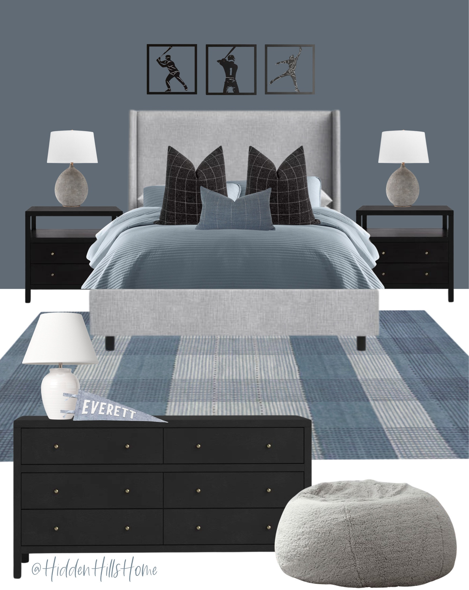 Teen boys bedroom decor mood board, boys room decor ideas, teen boys room Inspo, boys bedroom design with blue accent wall #boysbedroom
Wall color is SW Granite Peak 

#LTKhome #LTKsalealert #LTKkids