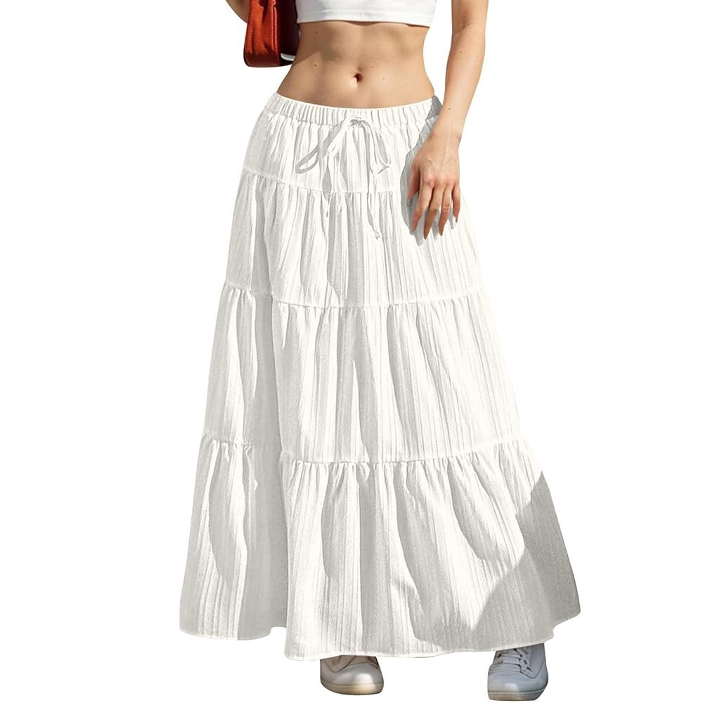 Maxi Skirts for Women Summer Casual Boho Beach Vacation Flowy Long Trendy Pleated Drawstring a Li... | Amazon (CA)