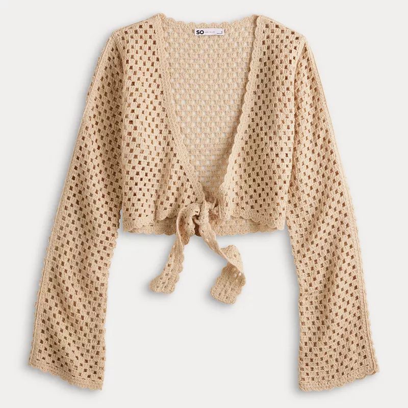 Juniors' SO® Tie Front Crochet Cardigan | Kohl's