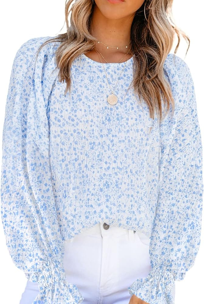 Dokotoo Floral Print Blouses for Women Crewneck Smocked Puff Sleeve Shirts Casual Babydoll Tops | Amazon (US)