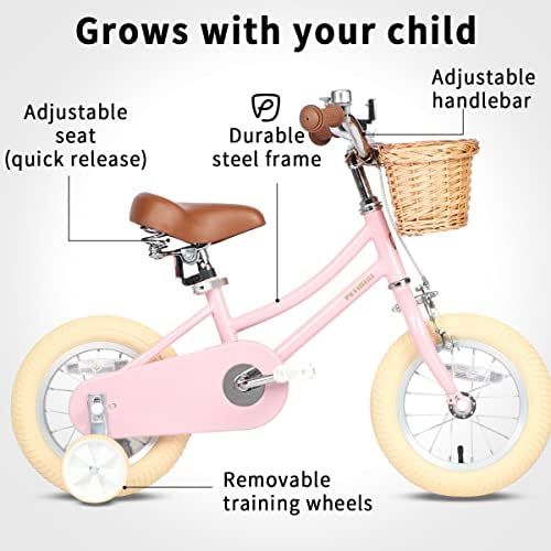 Petimini Girls Bike with Basket for 2-8 Years Old Kids, 12 14 16 18 Inch with Bell and Training Whee | Amazon (US)
