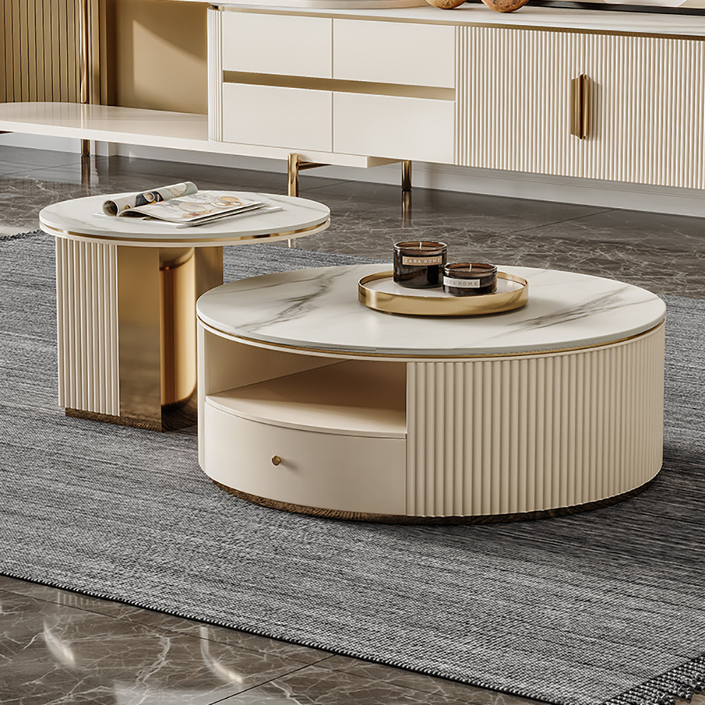 Mytures Modern Round Nesting Coffee Table with Storage White Sintered Stone Set of 2 | Homary