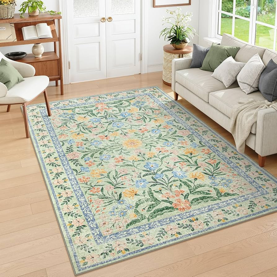 Wonnitar Washable Floral 6x9 Rug, Soft Green Area Rug Boho Non Slip Dining Room Carpet, Non-Shedd... | Amazon (US)