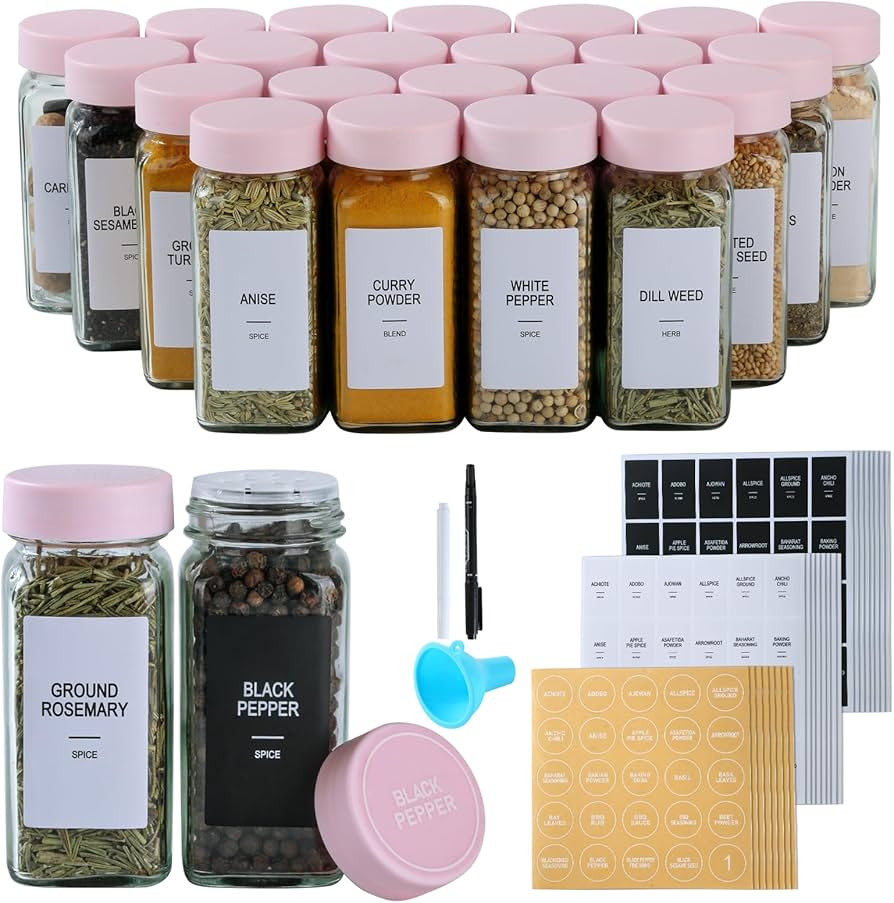24 Glass Spice Jars with Labels,Spice Jar Set,4oz Seasoning Containers,Spice Containers with Pink... | Amazon (US)